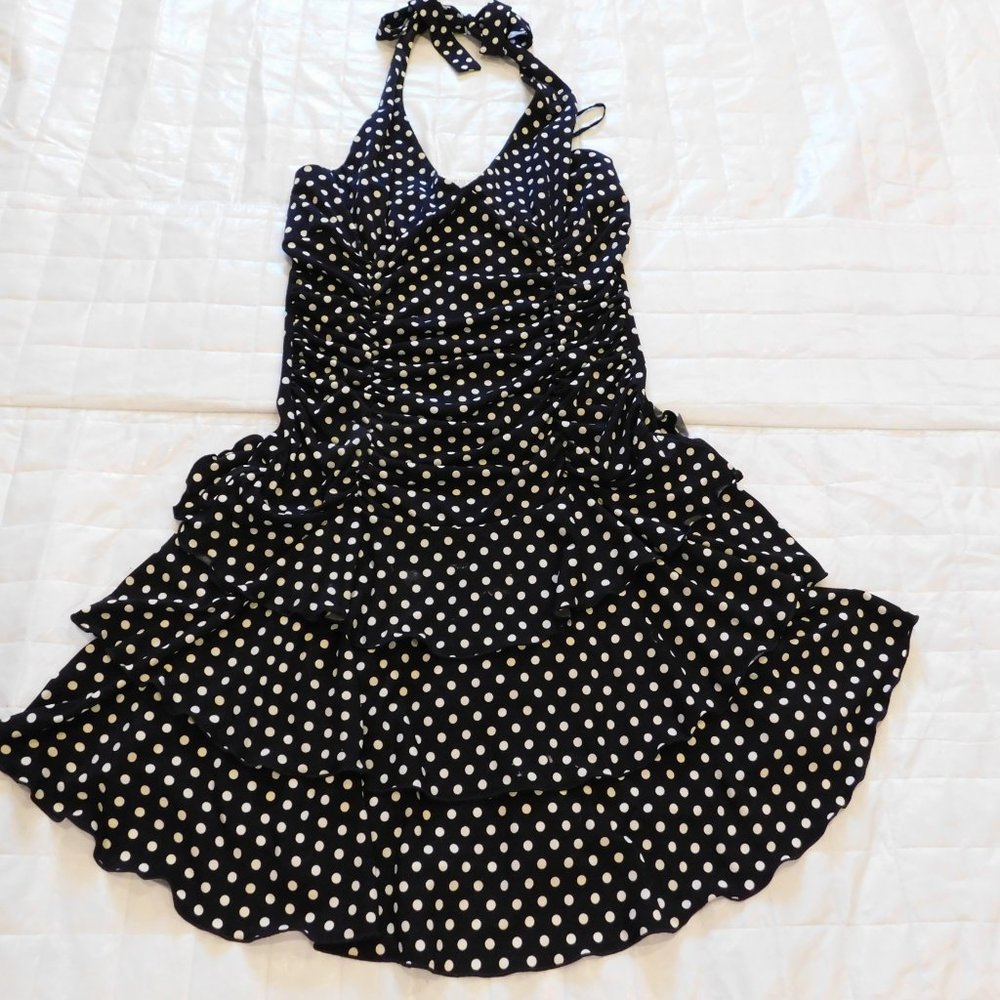 50's Style Polka Dot Ruched Halter Layered Ruffle Pin-Up Dress Vintage Y2K 1990s